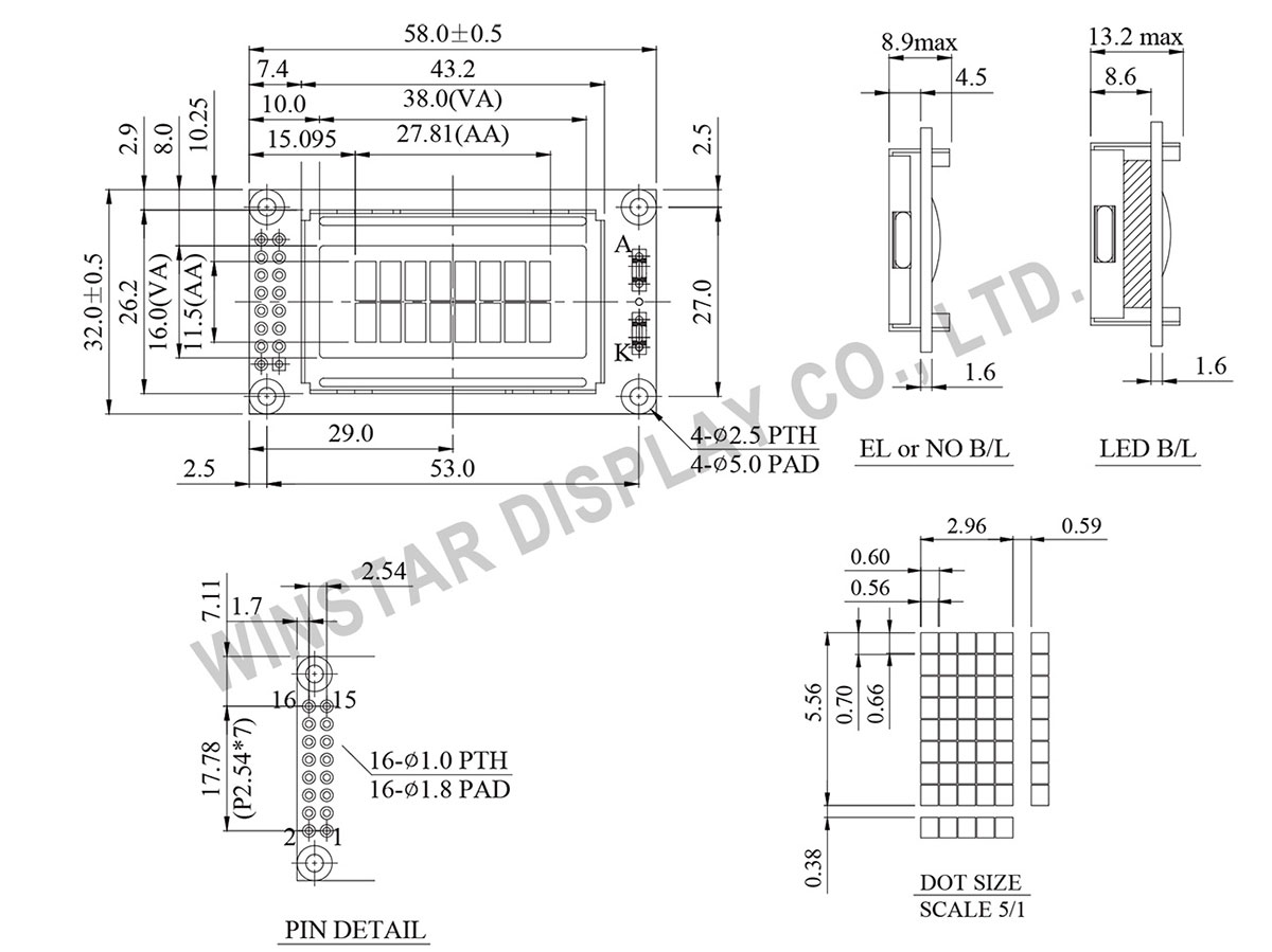 Winstar 8x2 Character LCD, 8x2 LCD Display, 8x2 LCD Module - WH0802A1