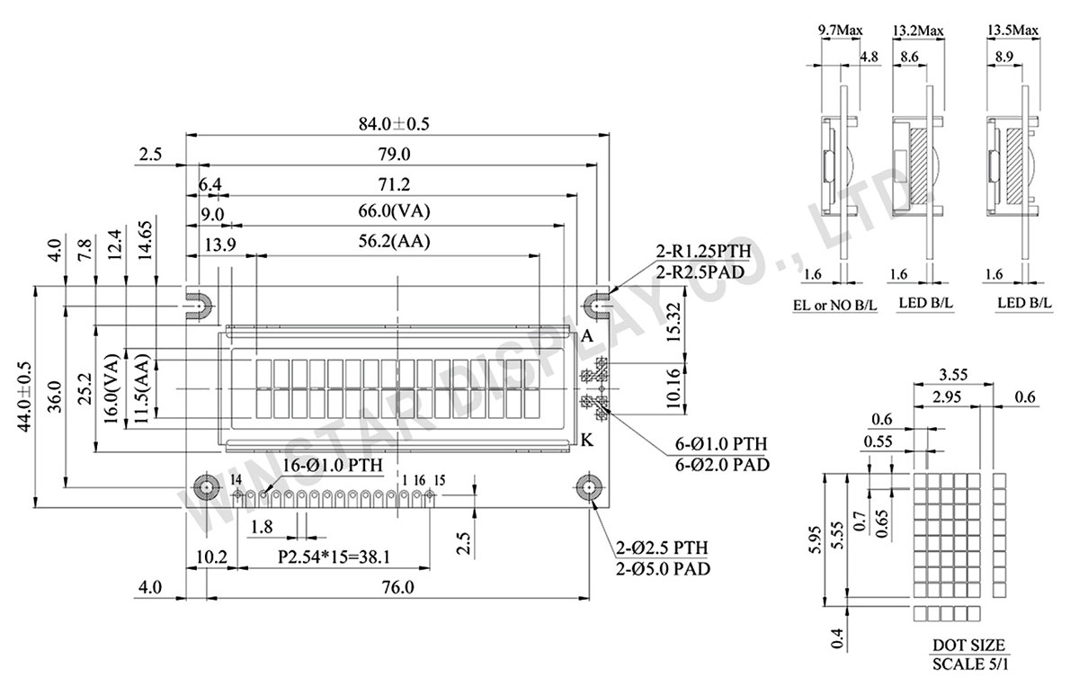 Winstar Dot Matrix LCD Display Module 16x2, LCD Display 1602A - WH1602A