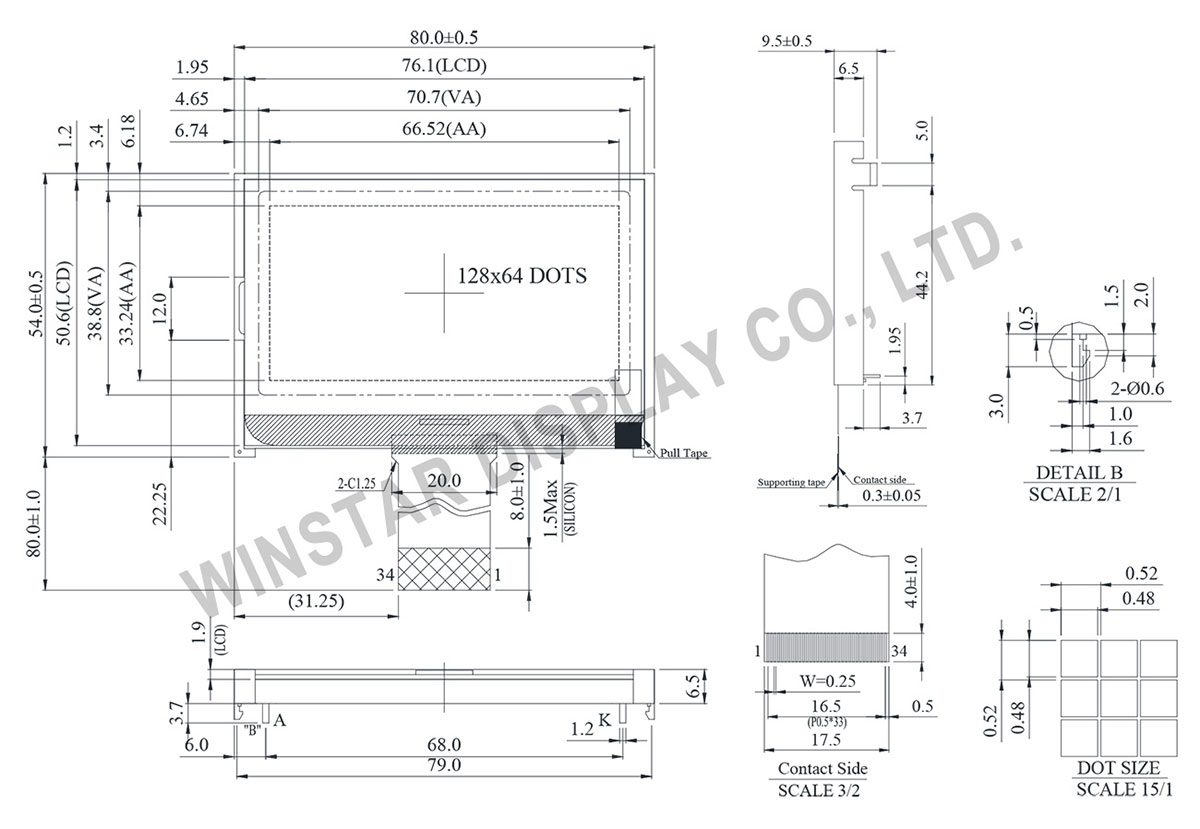 Winstar WO12864D3 - 128x64 COG Displays (Chip on Glass Display)
