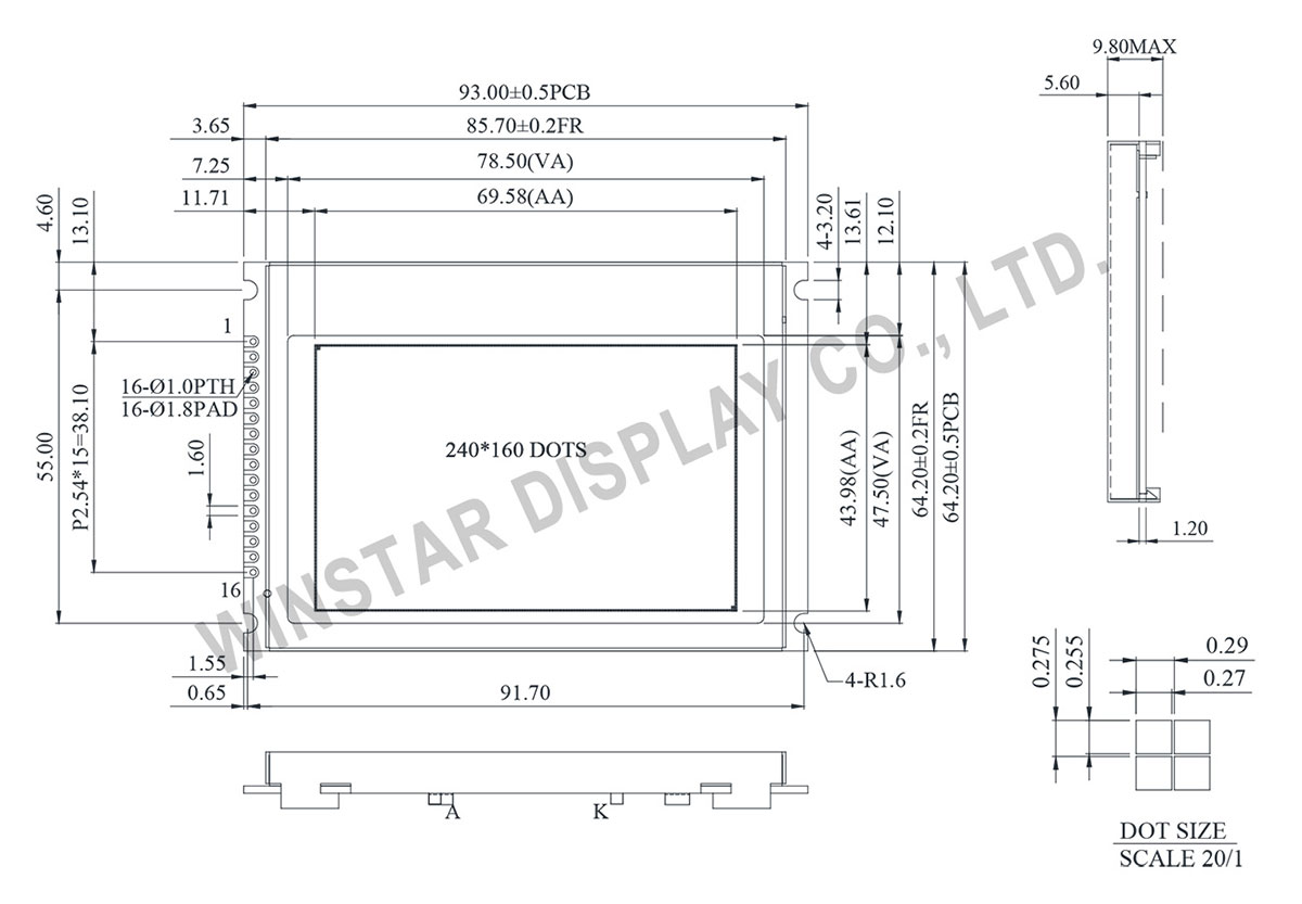 Winstar WO240160A 240x160 LCD COG Module