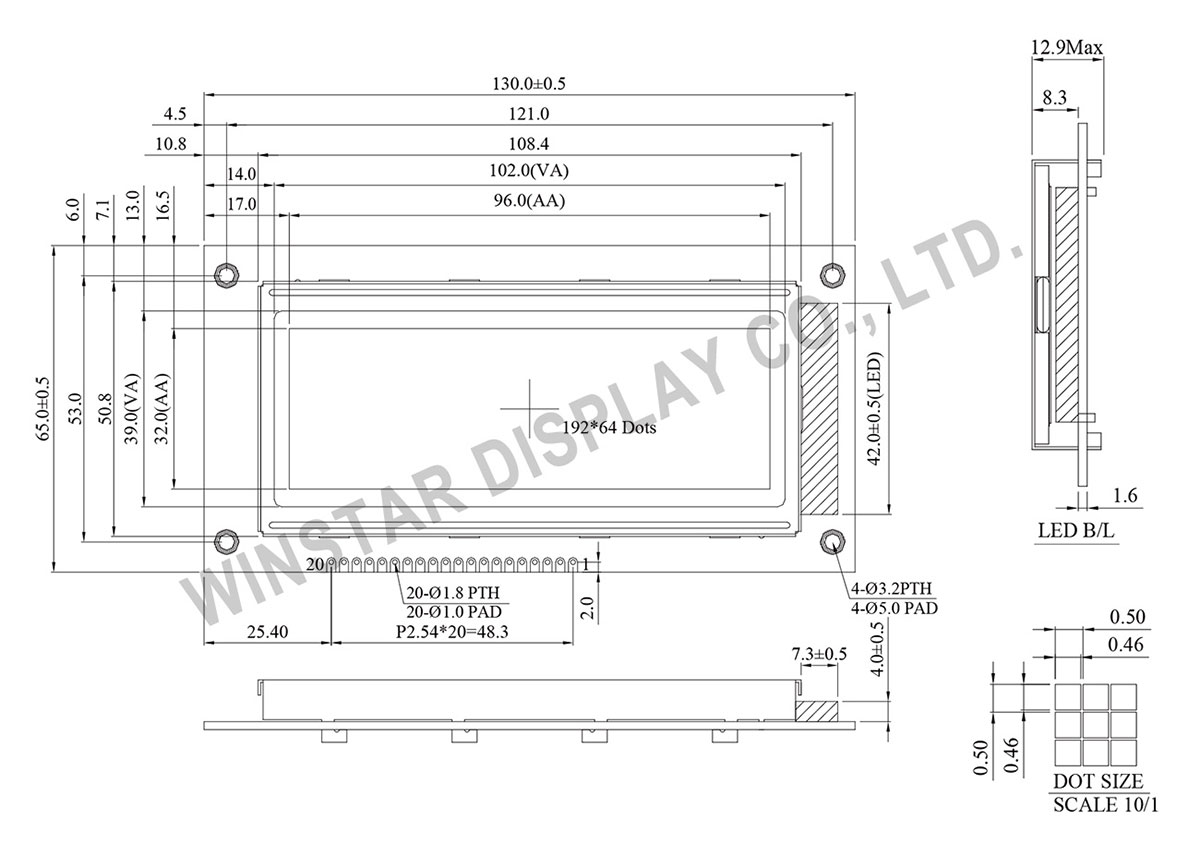 WG19264A - 4" LCD Display, Graphic LCD 192x64 Drawing
