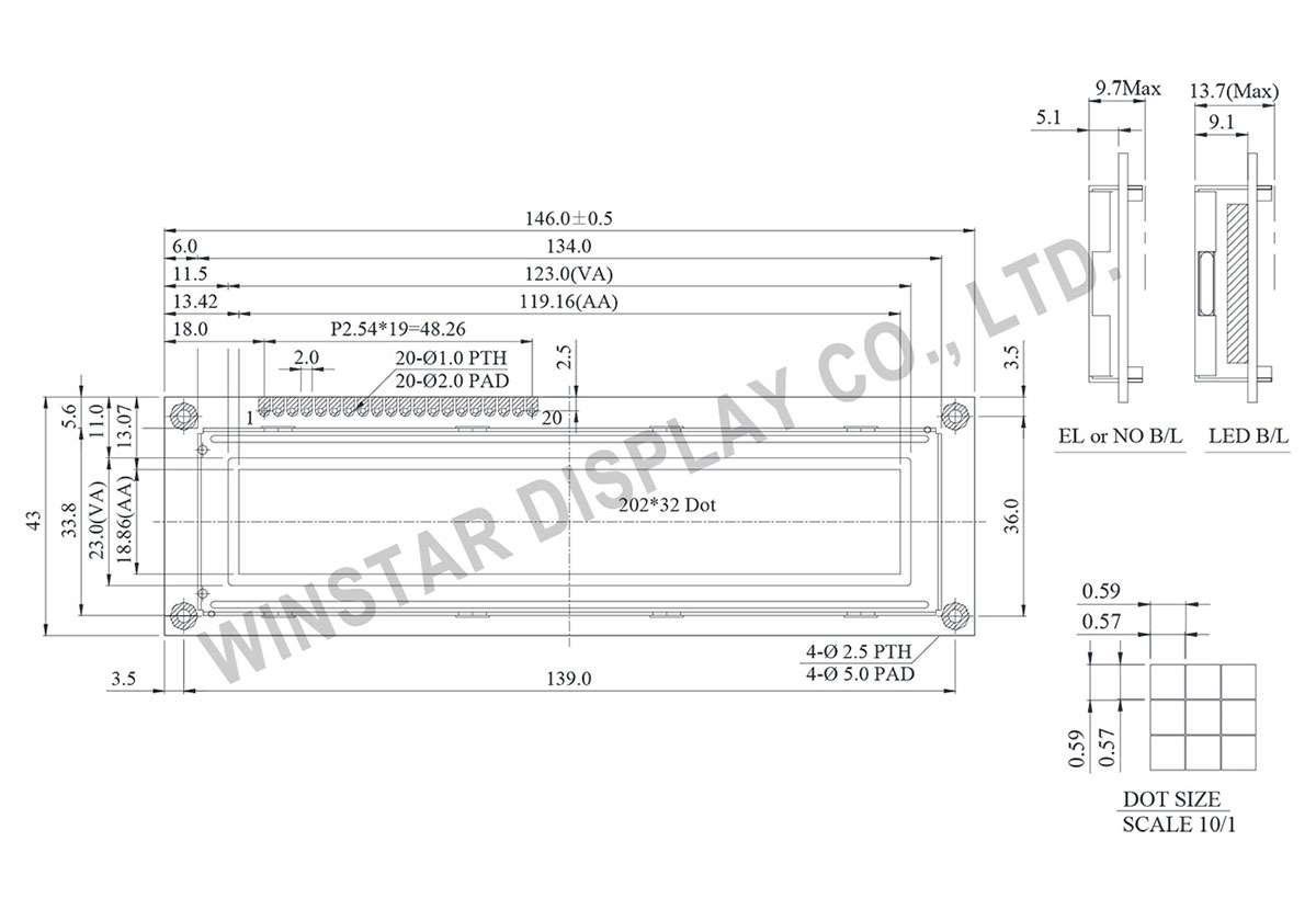 Winstar LCD 202x32, Monochrome Graphic Display - WG20232A