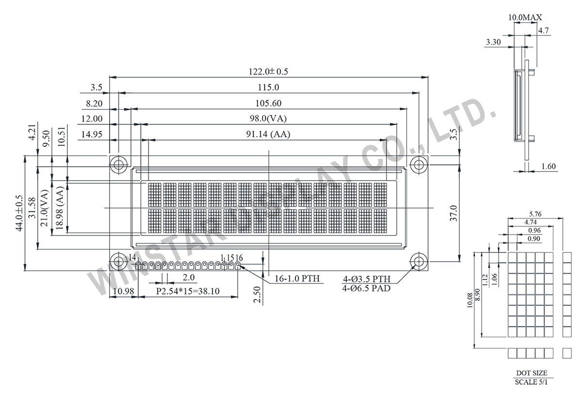 WEH001602H - OLED 16x2 Character Display, oled 16x2, 16x2 oled Drawing