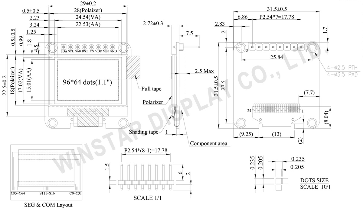 96x64 OLED Display,1.1 OLED - WEA009664B - Winstar Display
