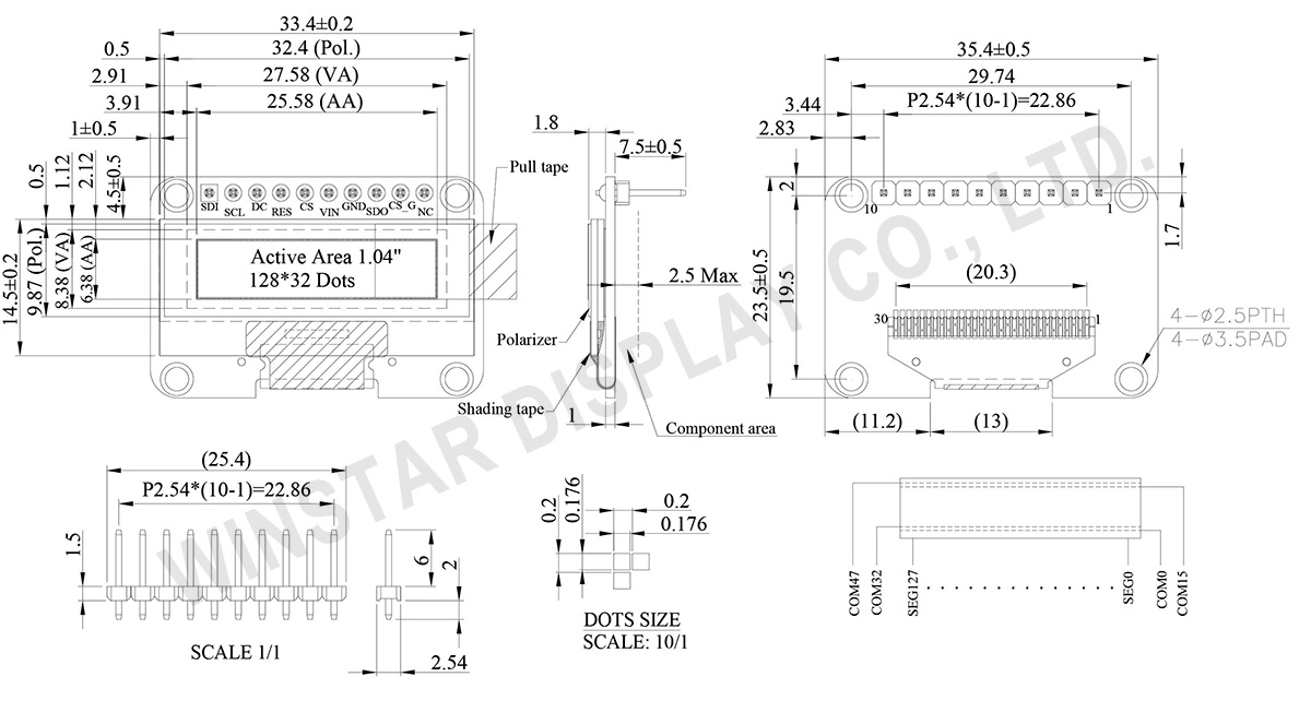 1.04 inch 128x32 OLED Graphic (COG+PCB) - WEA012832E