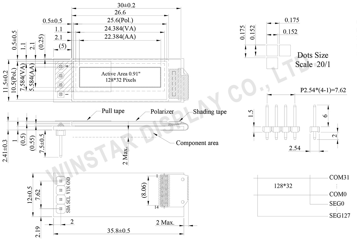 0.91" COG+PCB Passive Matrix OLED 128x32 - WEA012832F - Winstar