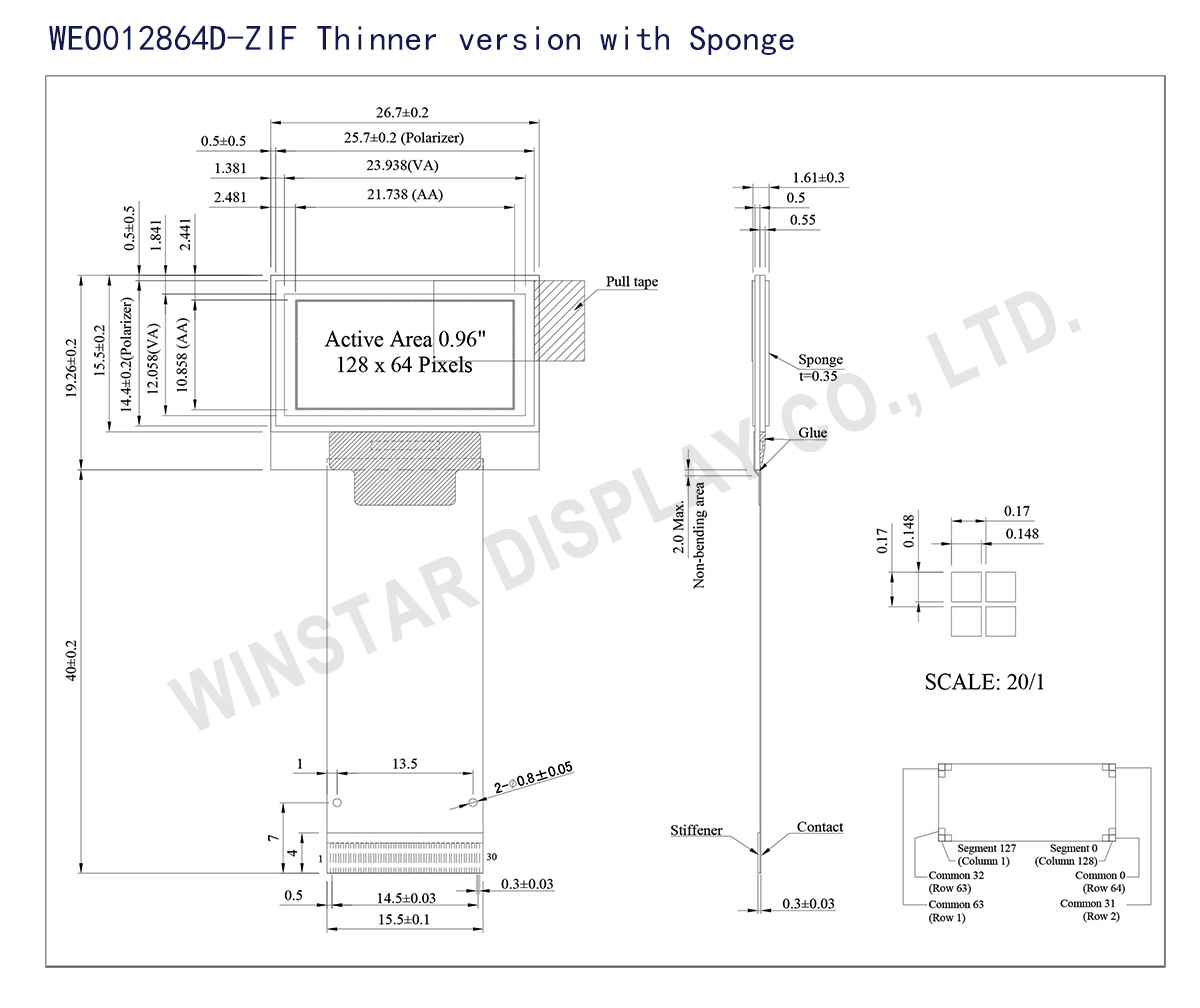 0.96" OLED, Thin OLED Display - WEO012864D-Hotbar (Thinner Version with Sponge)
