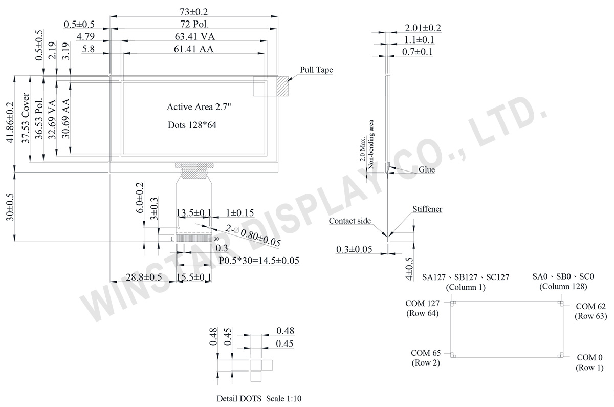 SPI/I2C 128x64 OLED 2.7" with Hot bar FPC, 128x64 I2C OLED Display - WEO012864U