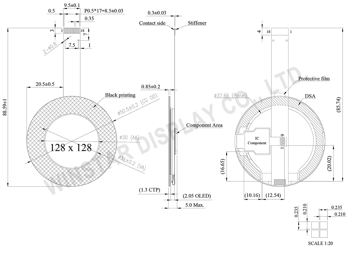 1.18" 128x128 Round OLED Display Module with Touch Screen - WEO128128D-CTP