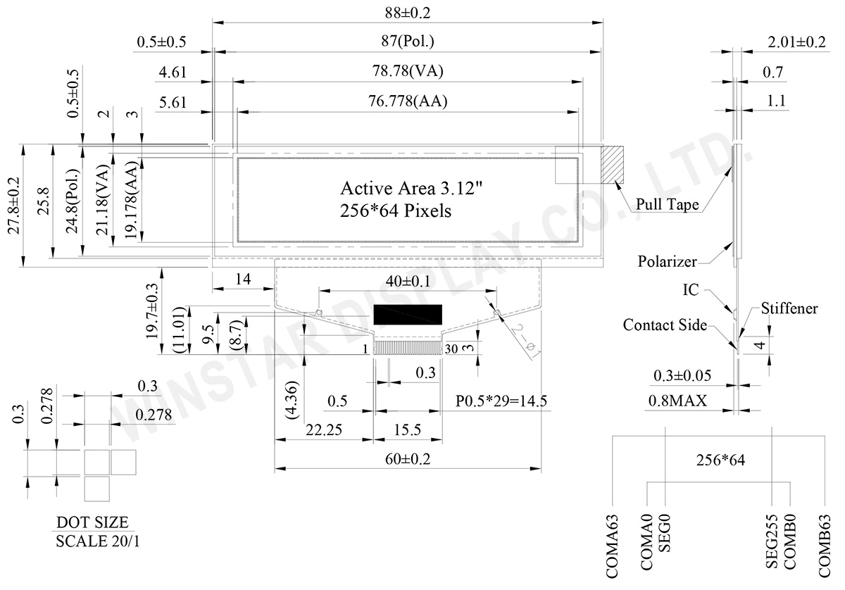 WEX025664B - OLED 256x64, 3.12 inch OLED Display Drawing