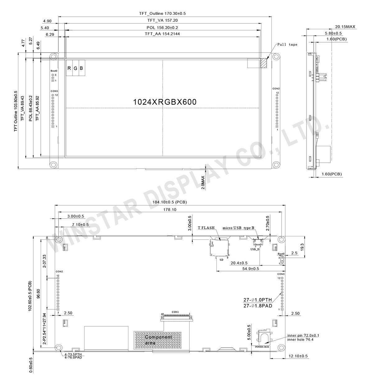 7 inch 1024x600 STM32 TFT LCD with MCU Control-Board- WF70MTABHLRN0