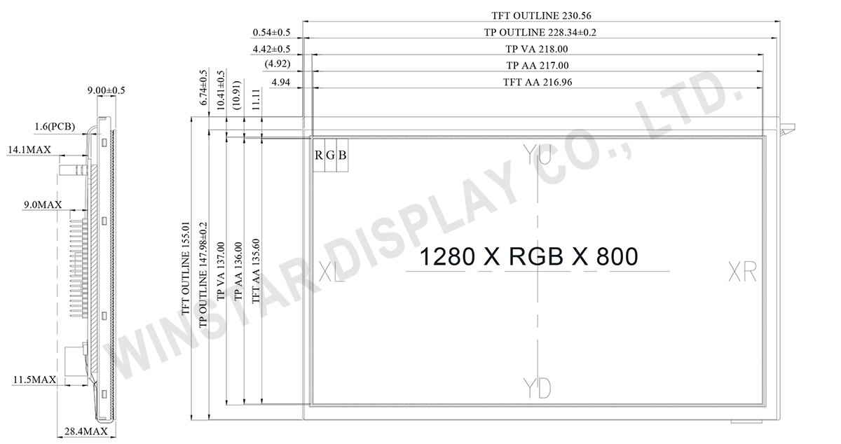 10.1" HDMI Interface IPS TFT-LCD (RTP), 10.1 inch TFT LCD, 10.1" TFT Display - WF101FSYFPLHTV