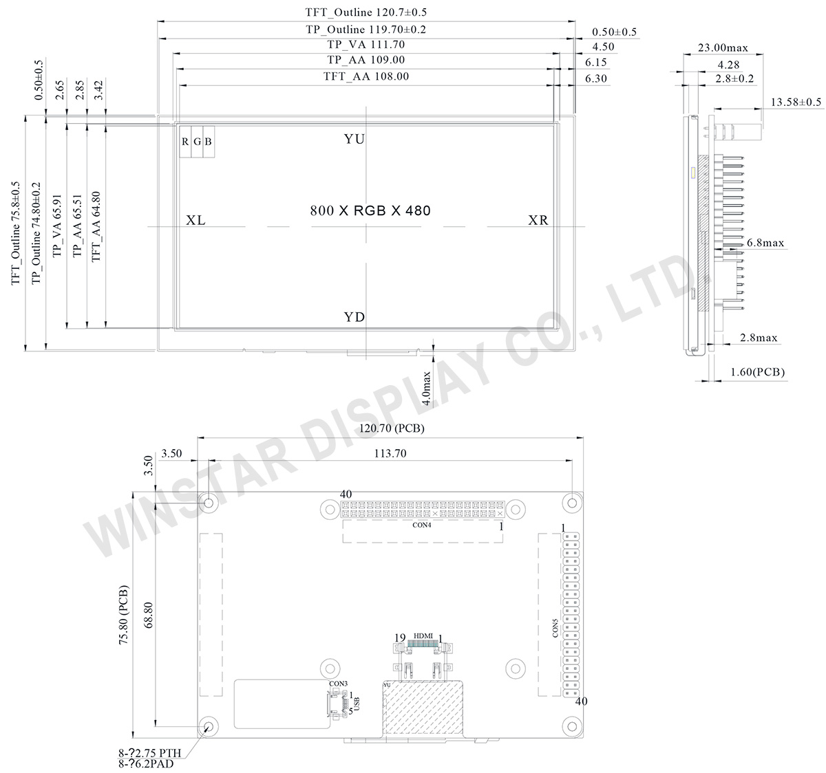  LCD 5 inch 800x480 HDMI Touchscreen, 5 Display HDMI, 5 HDMI Display (RTP) - WF50BTIFGDHTV