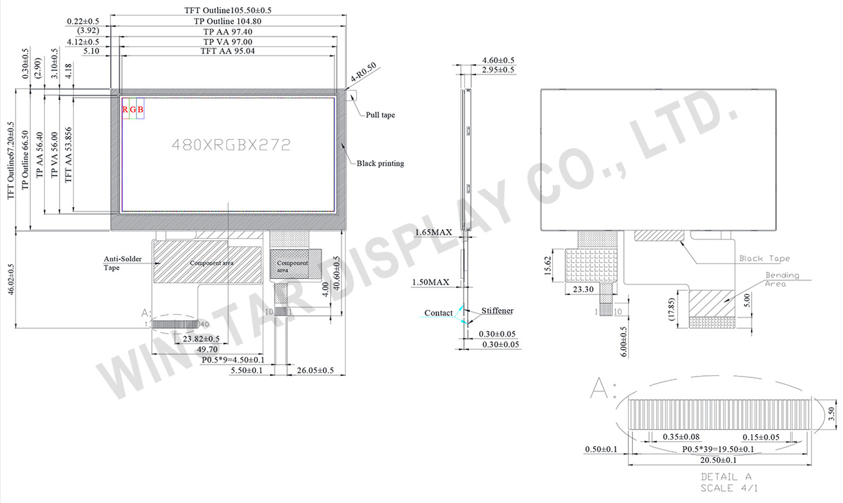 4.3 inch High Brightness PCAP TFT LCD Display - WF43VSIAEDNG0