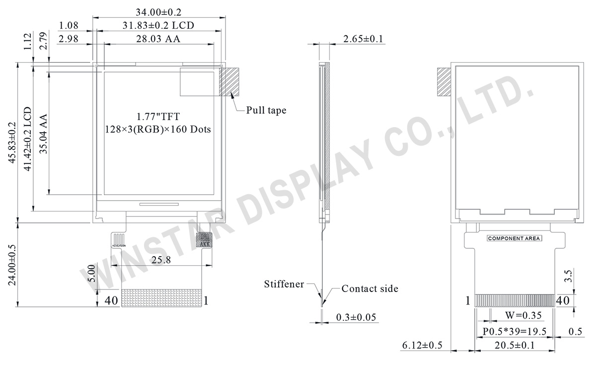 1.77 inch 128x160 TFT ST7735 IC Display - WF18FTLAADNN0 - Winstar