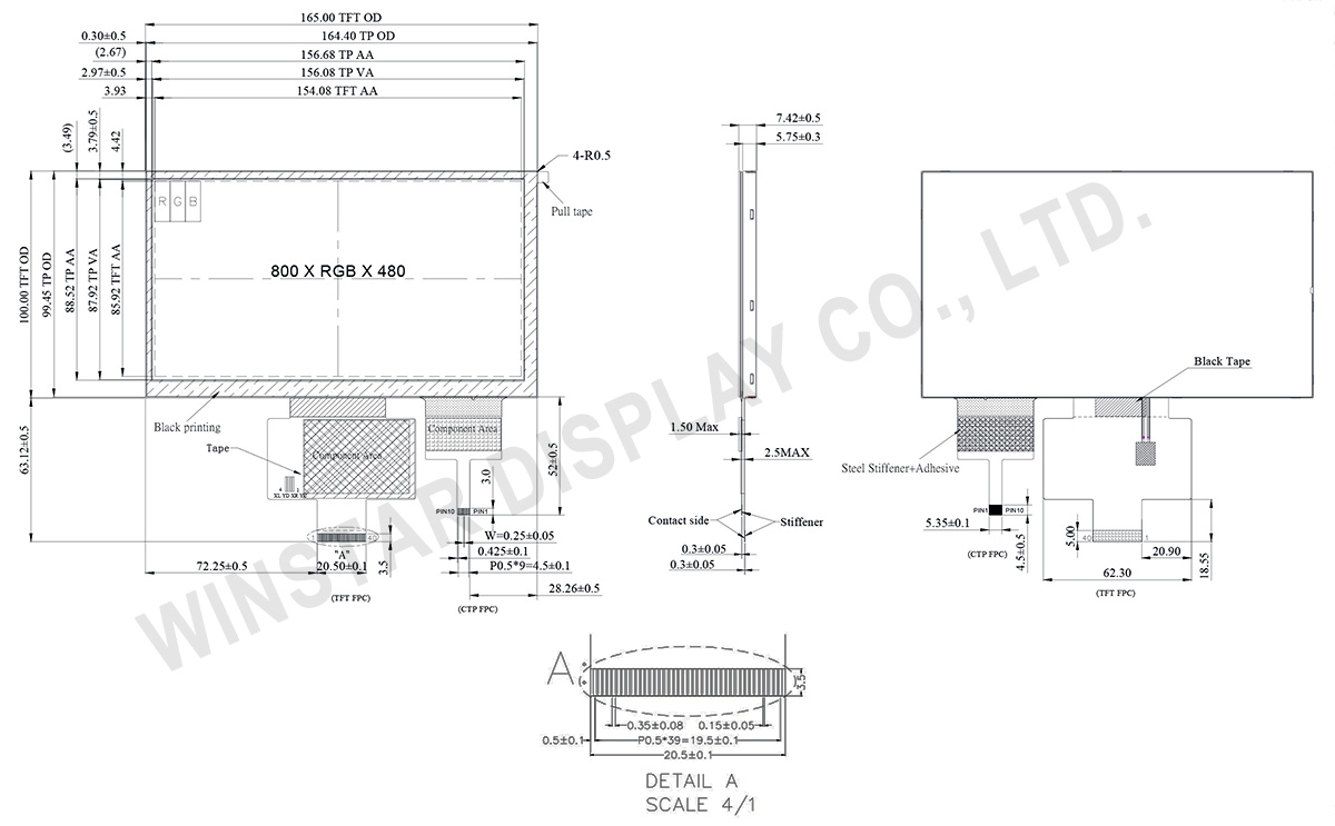 Winstar 7 inch TFT Color LCD Display Module with PCAP - WF70B2SIAGDNG0