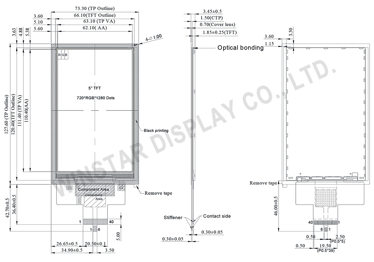 Projected Capacitive Touch Panel IPS TFT 5 with Optical Bonding (MIPI DSI) - WF50DTYA3MNG10