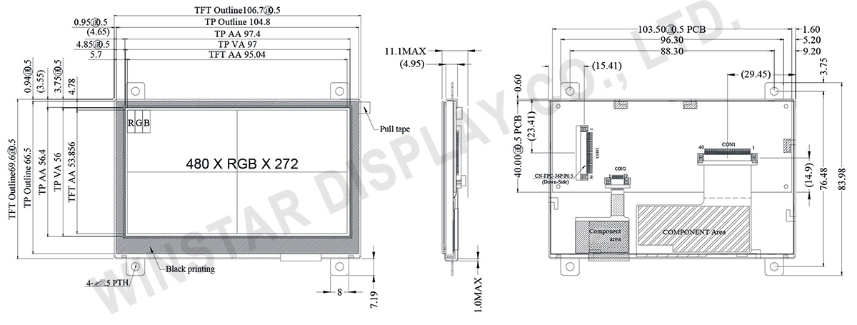 4.3" Projected capacitive touchscreen TFT Panel with Controller Board - WF43PTIBEDBGD