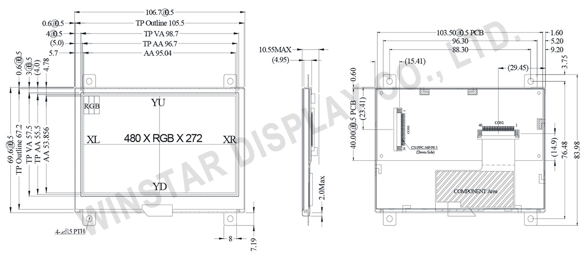 4.3" Resistive Touch TFT Panel with LCD Display Controller Board - WF43PTIBEDBTD