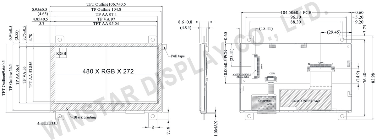 4.3 PCAP TFT Panel with LCD Controller Board - WF43QTIBEDBGD