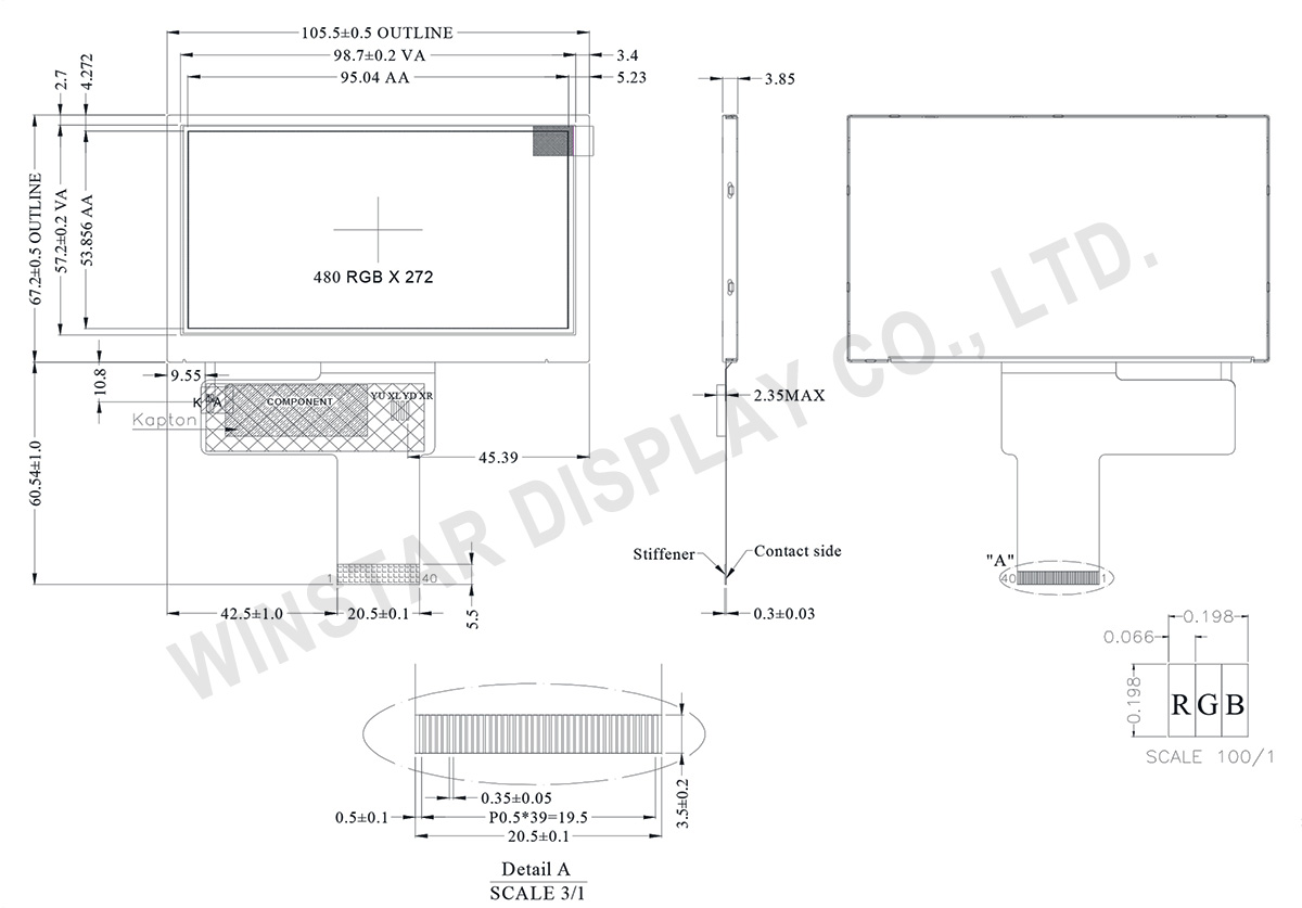Winstar 4.3" Wide Temperature Active Matrix TFT LCD Display - WF43STVAEDNN0