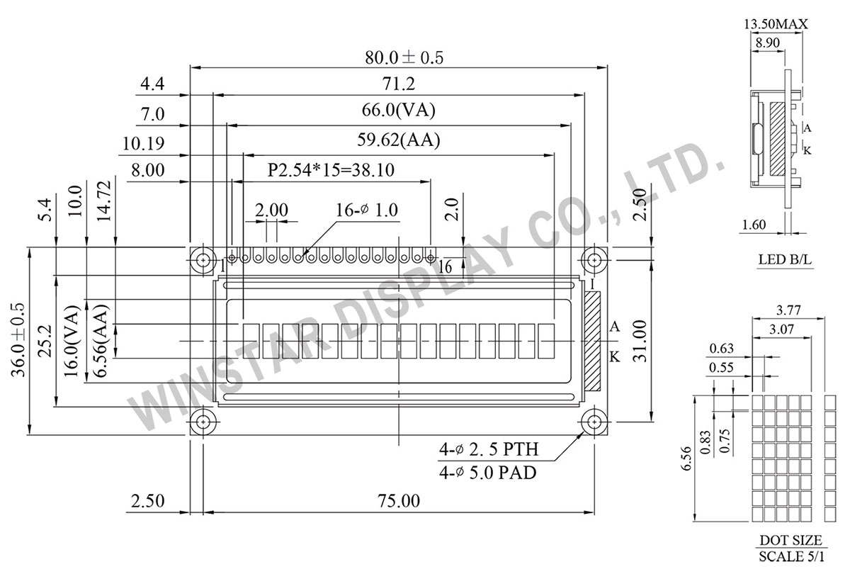 Winstar WH1601A-YLL 16x1 VATN LCD with Yellow LED Backlight